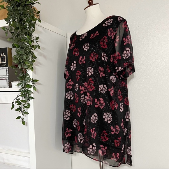 Vince Camuto Sheer Black Pink‎ Floral Tunic Blouse Sparkle Dots Short Sleeve - Picture 4 of 11